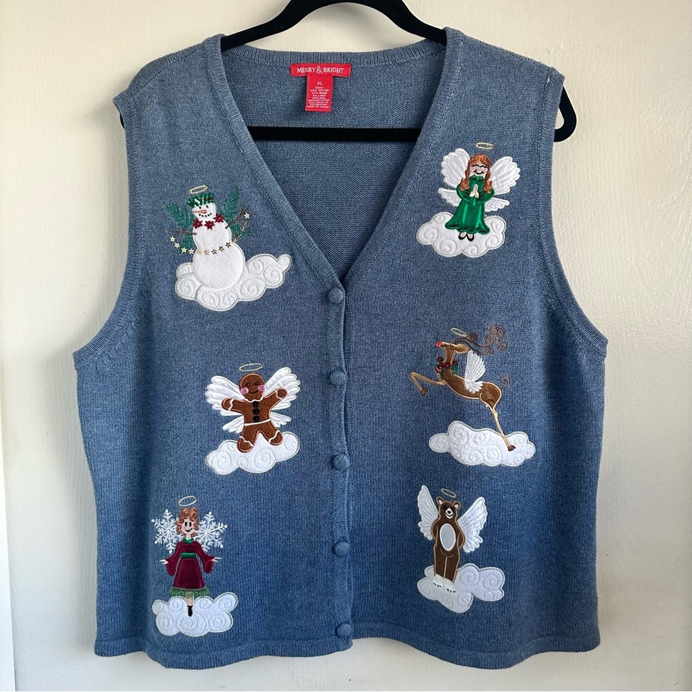 Festive Blue Knit Embroidered Women’s Christmas Vest Size XL